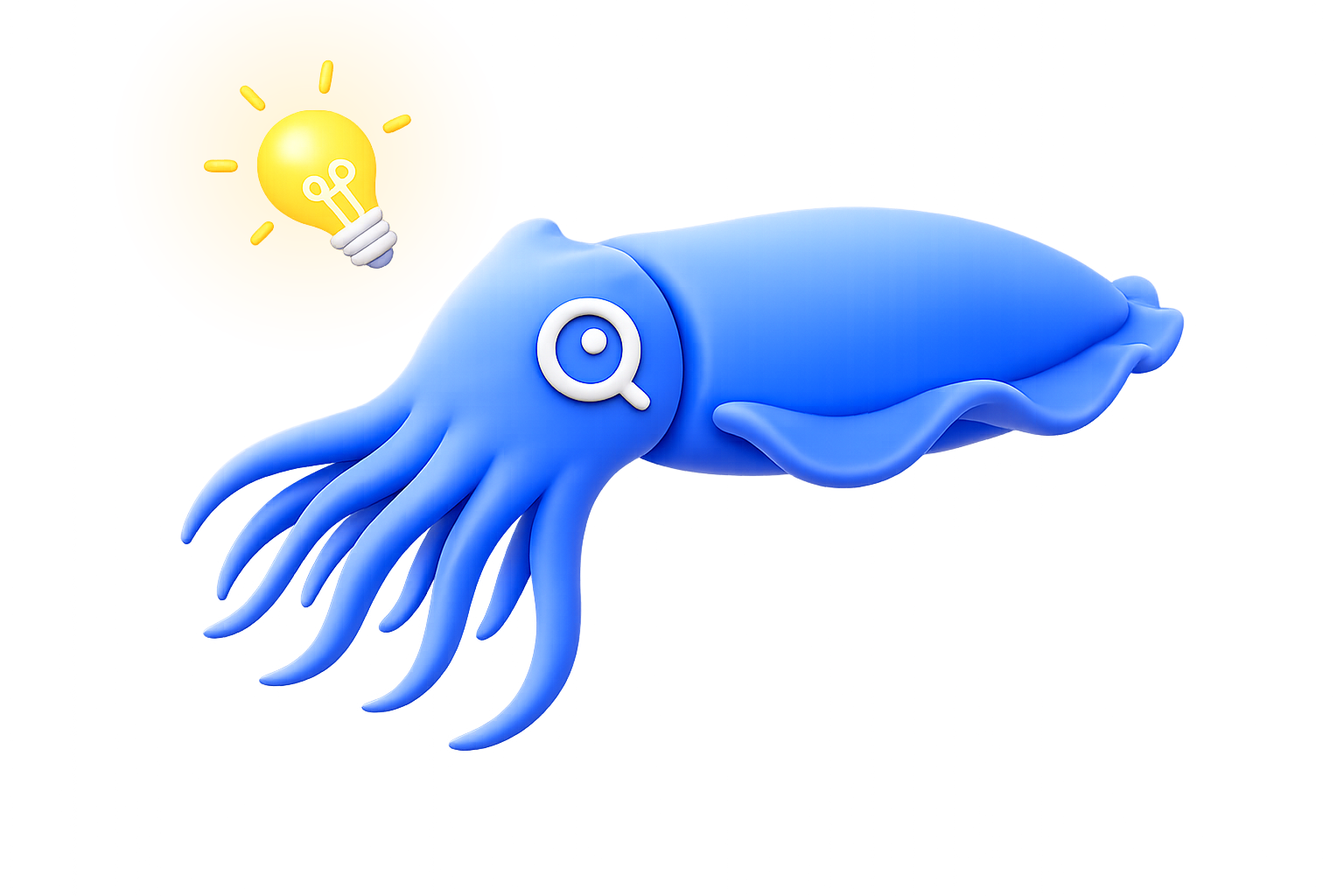 AI Search Company Cape Coral: Searchfish cuttlefish mascot with a magnifying-glass eye