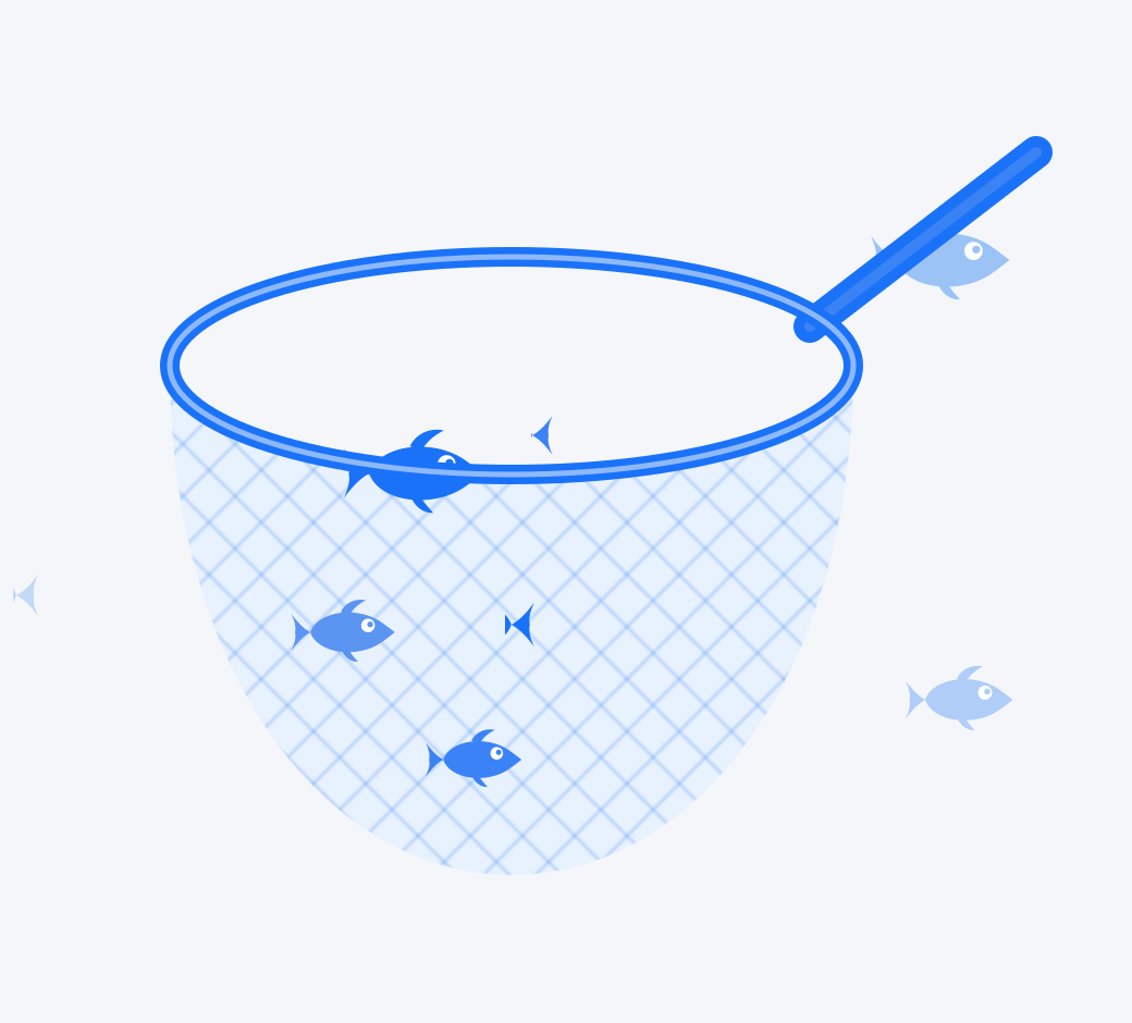 A fishing net catching fish, representing search visibility
